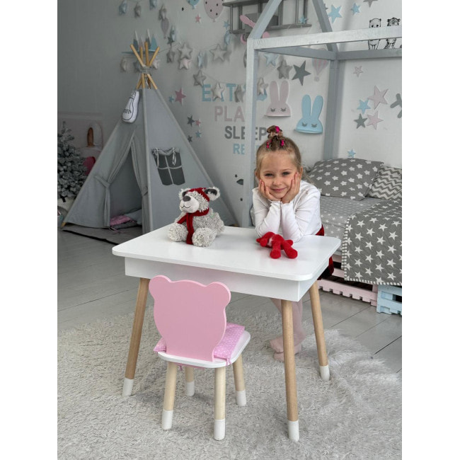 Стол прямоугольный с откидным ящиком 53х60х45 и стул медведик 26.5х26х25, комплект для девичьей комнаты, розовый с белым