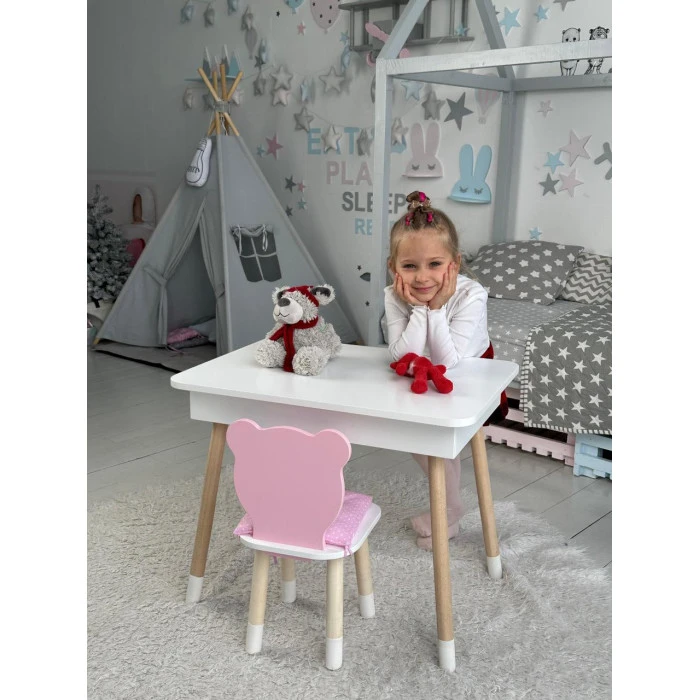 Стіл прямокутний з відкидним ящиком 53х60х45 і стілець медведик 26.5х26х25, комплект для дівчачої кімнати, рожевий з білим