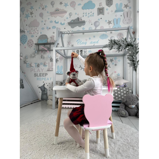 Стол прямоугольный с откидным ящиком 53х60х45 и стул медведик 26.5х26х25, комплект для девичьей комнаты, розовый с белым