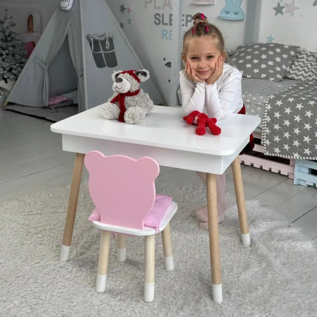 Стол прямоугольный с откидным ящиком 53х60х45 и стул медведик 26.5х26х25, комплект для девичьей комнаты, розовый с белым