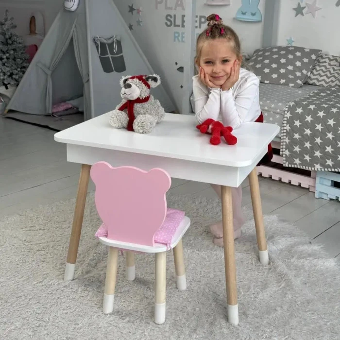 Стіл прямокутний з відкидним ящиком 53х60х45 і стілець медведик 26.5х26х25, комплект для дівчачої кімнати, рожевий з білим