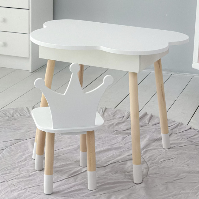 Столик облачко с откидной нишей 54х68х50 и стульчик корона 26.5х26х25, стол и стул в детский, белый