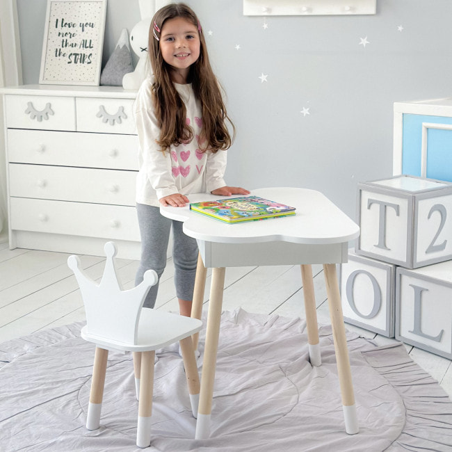 Столик облачко с откидной нишей 54х68х50 и стульчик корона 26.5х26х25, стол и стул в детский, белый