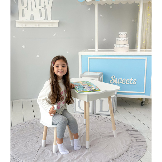 Столик облачко с откидной нишей 54х68х50 и стульчик корона 26.5х26х25, стол и стул в детский, белый