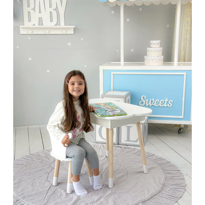 Столик облачко с откидной нишей 54х68х50 и стульчик корона 26.5х26х25, стол и стул в детский, белый