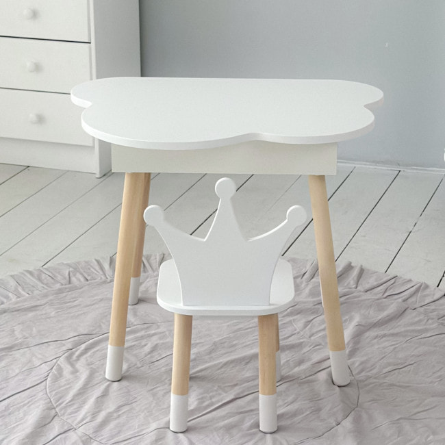 Столик облачко с откидной нишей 54х68х50 и стульчик корона 26.5х26х25, стол и стул в детский, белый