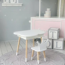 Столик облачко с откидной нишей 54х68х50 и стульчик корона 26.5х26х25, стол и стул в детский, белый
