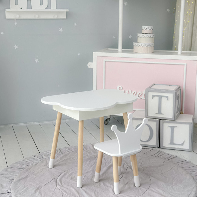 Столик облачко с откидной нишей 54х68х50 и стульчик корона 26.5х26х25, стол и стул в детский, белый