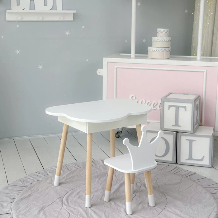 Столик облачко с откидной нишей 54х68х50 и стульчик корона 26.5х26х25, стол и стул в детский, белый
