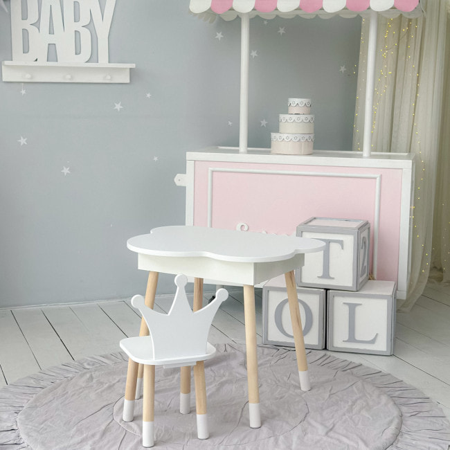 Столик облачко с откидной нишей 54х68х50 и стульчик корона 26.5х26х25, стол и стул в детский, белый