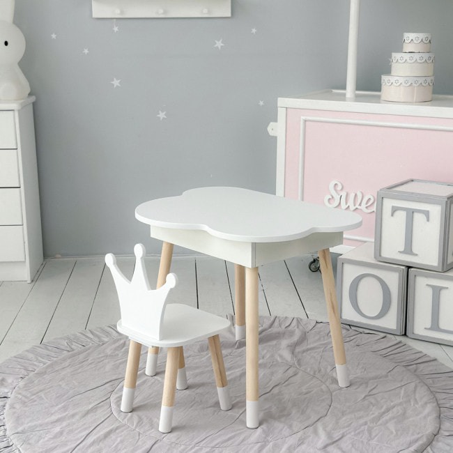 Столик облачко с откидной нишей 54х68х50 и стульчик корона 26.5х26х25, стол и стул в детский, белый