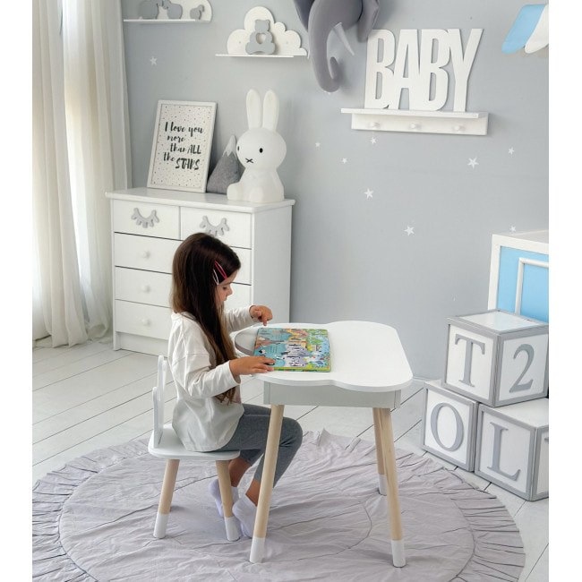 Столик облачко с откидной нишей 54х68х50 и стульчик корона 26.5х26х25, стол и стул в детский, белый