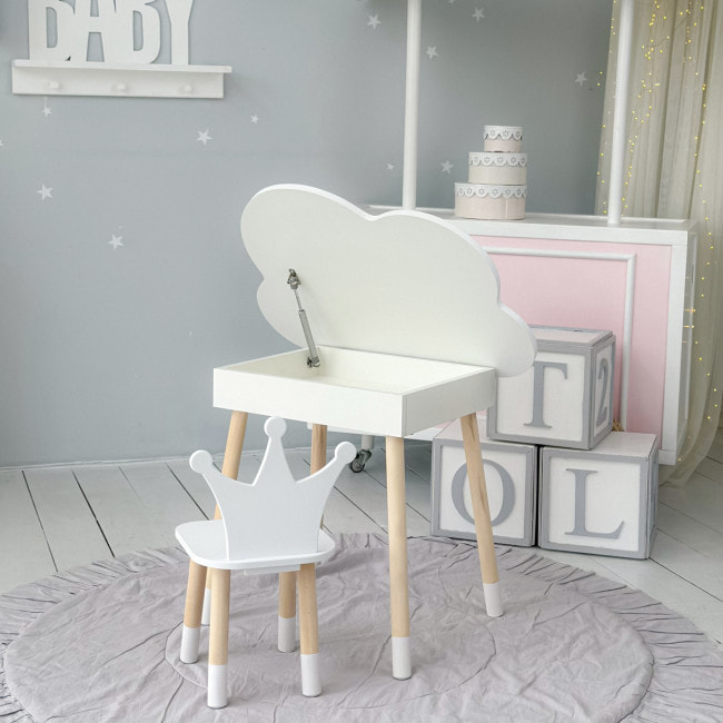 Столик облачко с откидной нишей 54х68х50 и стульчик корона 26.5х26х25, стол и стул в детский, белый