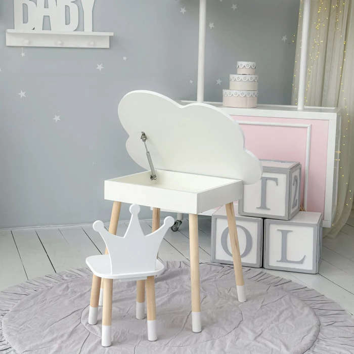 Столик облачко с откидной нишей 54х68х50 и стульчик корона 26.5х26х25, стол и стул в детский, белый