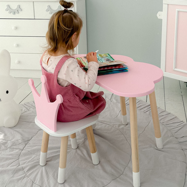 Стол облачко 46х70х40 и стульчик коронка 26.5х26х25, детский столик и стул для игр/занятий, розовый с белым