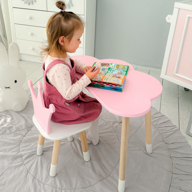 Стол облачко 46х70х40 и стульчик коронка 26.5х26х25, детский столик и стул для игр/занятий, розовый с белым
