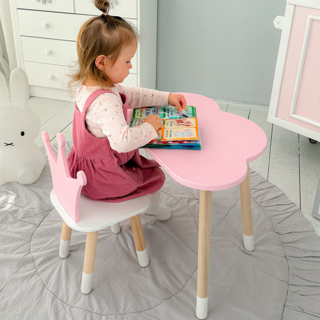 Стол облачко 46х70х40 и стульчик коронка 26.5х26х25, детский столик и стул для игр/занятий, розовый с белым