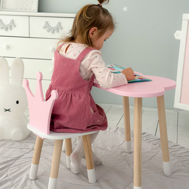Стол облачко 46х70х40 и стульчик коронка 26.5х26х25, детский столик и стул для игр/занятий, розовый с белым