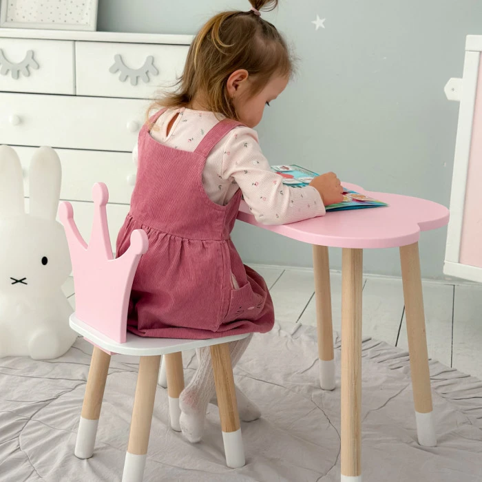 Стіл хмаринка 46х70х40 та стільчик коронка 26.5х26х25, дитячий столик та стілець для ігор/занять, рожевий з білим