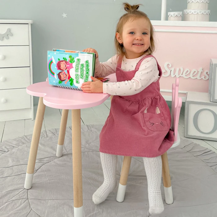 Стіл хмаринка 46х70х40 та стільчик коронка 26.5х26х25, дитячий столик та стілець для ігор/занять, рожевий з білим
