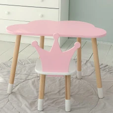 Стіл хмаринка 46х70х40 та стільчик коронка 26.5х26х25, дитячий столик та стілець для ігор/занять, рожевий з білим
