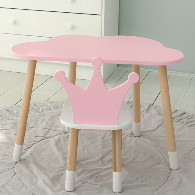 Стол облачко 46х70х40 и стульчик коронка 26.5х26х25, детский столик и стул для игр/занятий, розовый с белым