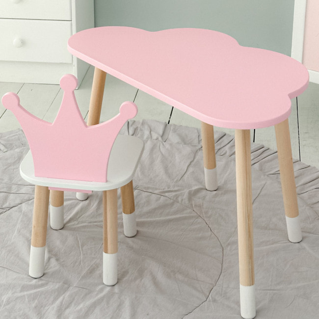 Стол облачко 46х70х40 и стульчик коронка 26.5х26х25, детский столик и стул для игр/занятий, розовый с белым
