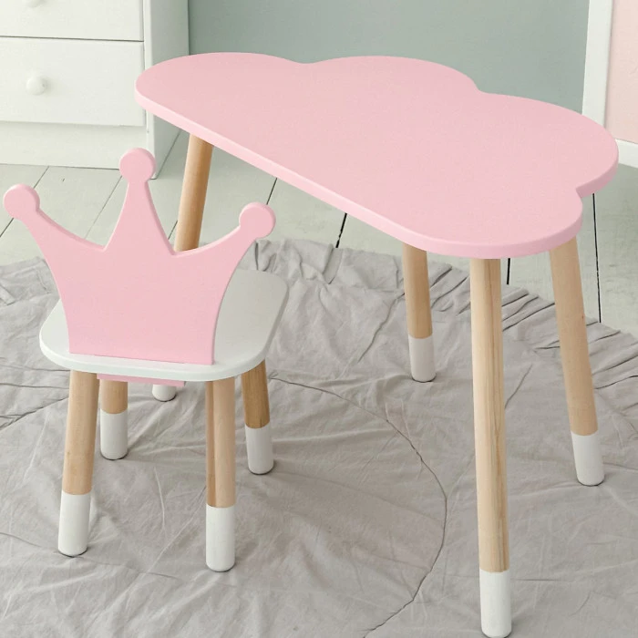 Стіл хмаринка 46х70х40 та стільчик коронка 26.5х26х25, дитячий столик та стілець для ігор/занять, рожевий з білим