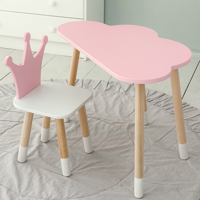 Стол облачко 46х70х40 и стульчик коронка 26.5х26х25, детский столик и стул для игр/занятий, розовый с белым