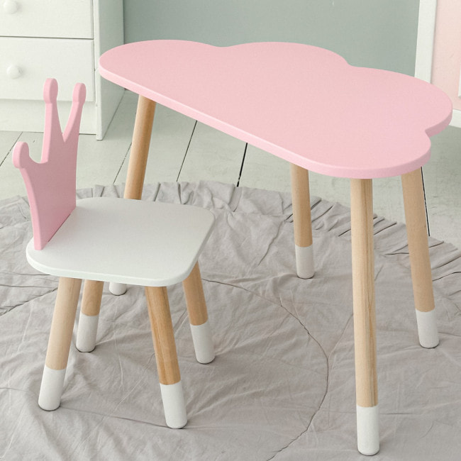 Стол облачко 46х70х40 и стульчик коронка 26.5х26х25, детский столик и стул для игр/занятий, розовый с белым