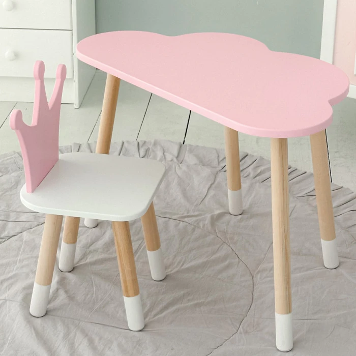 Стіл хмаринка 46х70х40 та стільчик коронка 26.5х26х25, дитячий столик та стілець для ігор/занять, рожевий з білим