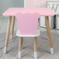 Стіл прямий 46х60х45 і стілець мордочка медведика 26.5х26х25, столик та стільчик для дівчинки, рожевий з білим