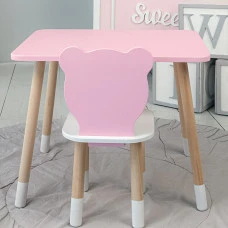 Стіл прямий 46х60х45 і стілець мордочка медведика 26.5х26х25, столик та стільчик для дівчинки, рожевий з білим