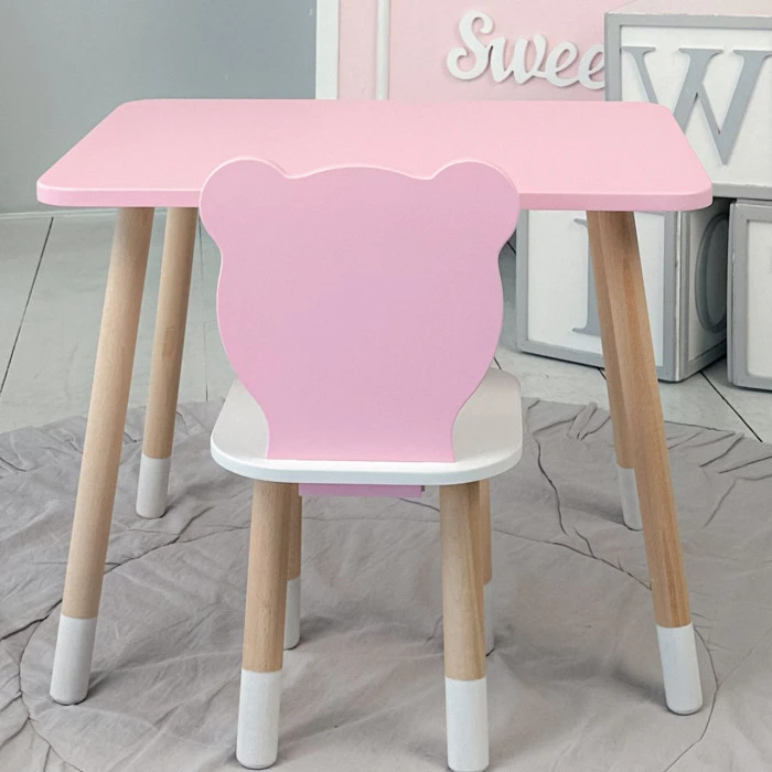 Стіл прямий 46х60х45 і стілець мордочка медведика 26.5х26х25, столик та стільчик для дівчинки, рожевий з білим