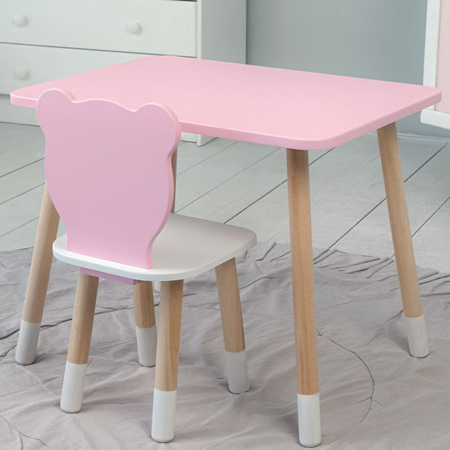 Стол прямой 46х60х45 и стул мордашка медведика 26.5х26х25, столик и стульчик для девочки, розовый с белым