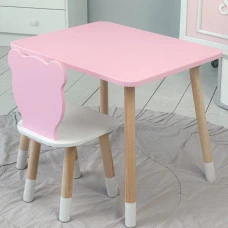 Стіл прямий 46х60х45 і стілець мордочка медведика 26.5х26х25, столик та стільчик для дівчинки, рожевий з білим