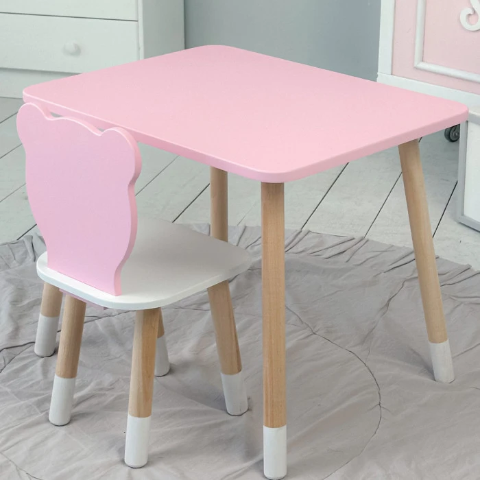 Стіл прямий 46х60х45 і стілець мордочка медведика 26.5х26х25, столик та стільчик для дівчинки, рожевий з білим