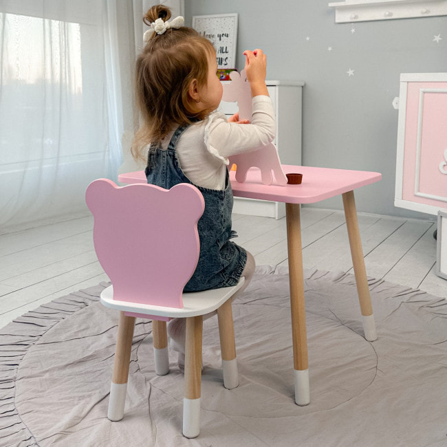 Стол прямой 46х60х45 и стул мордашка медведика 26.5х26х25, столик и стульчик для девочки, розовый с белым