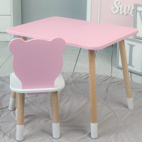 Стіл прямий 46х60х45 і стілець мордочка медведика 26.5х26х25, столик та стільчик для дівчинки, рожевий з білим