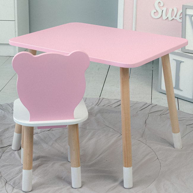Стол прямой 46х60х45 и стул мордашка медведика 26.5х26х25, столик и стульчик для девочки, розовый с белым