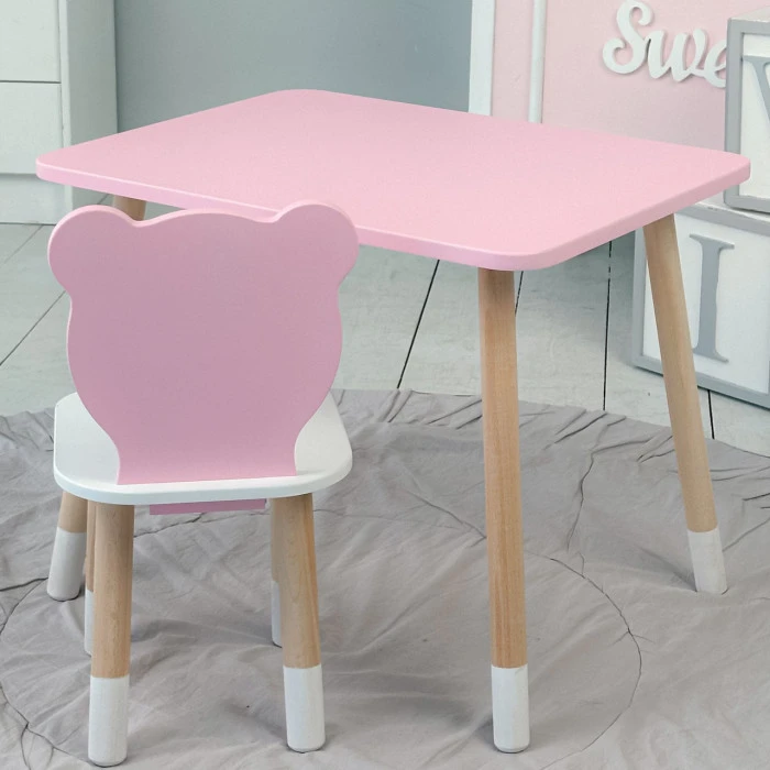 Стіл прямий 46х60х45 і стілець мордочка медведика 26.5х26х25, столик та стільчик для дівчинки, рожевий з білим