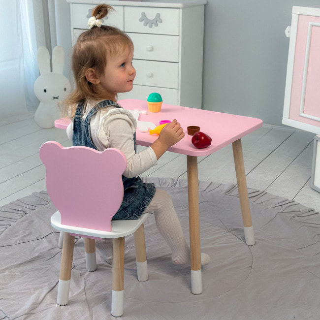 Стол прямой 46х60х45 и стул мордашка медведика 26.5х26х25, столик и стульчик для девочки, розовый с белым