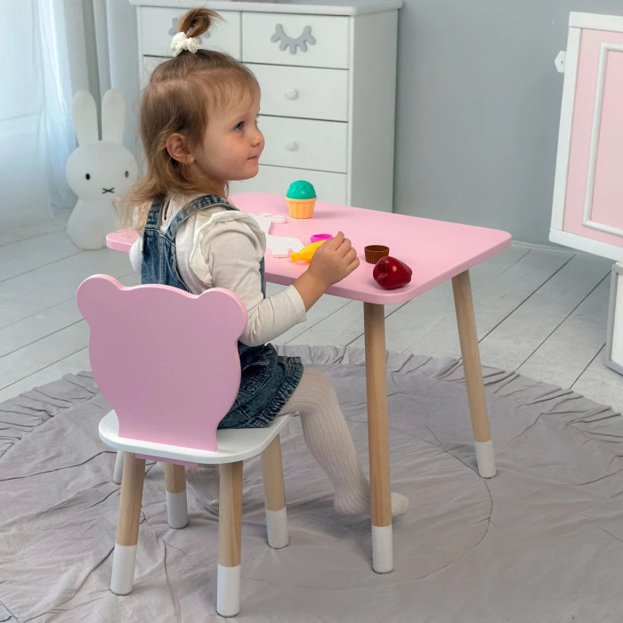Стіл прямий 46х60х45 і стілець мордочка медведика 26.5х26х25, столик та стільчик для дівчинки, рожевий з білим