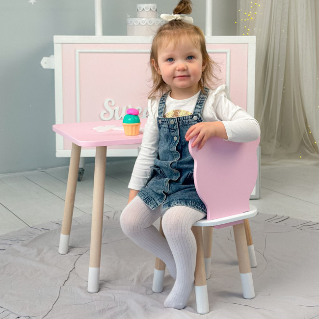 Стол прямой 46х60х45 и стул мордашка медведика 26.5х26х25, столик и стульчик для девочки, розовый с белым