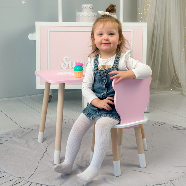 Стол прямой 46х60х45 и стул мордашка медведика 26.5х26х25, столик и стульчик для девочки, розовый с белым