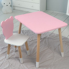 Стол прямой 46х60х45 и стул мордашка медведика 26.5х26х25, столик и стульчик для девочки, розовый с белым