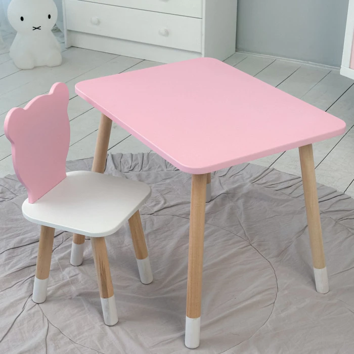 Стіл прямий 46х60х45 і стілець мордочка медведика 26.5х26х25, столик та стільчик для дівчинки, рожевий з білим