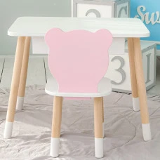 Стол прямоугольный с ящиком 46х60х45 и стул мордашка медвежья 26.5х26х25, комплект для детской комнаты, белый с розовым.