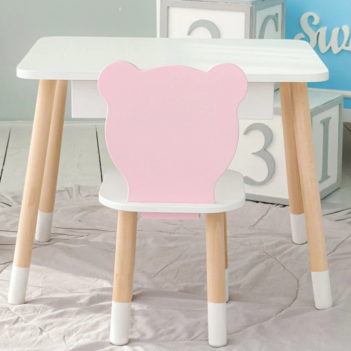 Стіл прямокутний з шухлядою 46х60х45 і стілець мордочка медвежа 26.5х26х25, комплект для дитячої кімнати, білий з рожевим