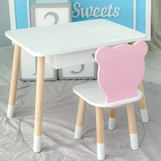 Стол прямоугольный с ящиком 46х60х45 и стул мордашка медвежья 26.5х26х25, комплект для детской комнаты, белый с розовым.